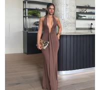Abito lungo marrone con scollo a V profondo, collo alla halter, schiena scoperta, senza maniche, arricciato, abito da sera, abito da concerto, abito da club, abito per appuntamento, abito, abbigliamen