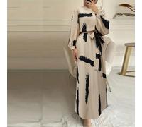Abito lungo modesto con maniche a lanterna, cintura in vita, scollo tondo, motivo a pennellate, elegante per la primavera e le vacanze L,M,S,XL,XXLTessuto intrecciato