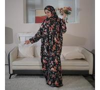Abito lungo modesto con stampa floreale e cappuccio, elegante abito maxi con maniche lunghe e hijab per la preghiera, abbigliamento da donna, nero, per la primavera e le vacanze Tagli UnicaFloreale,Pi