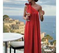 Abito lungo monocolore senza maniche, stile europeo e americano, elegante rosso, adatto per il ritorno a scuola in estate L,M,S,XL,XXLTessuto intrecciato