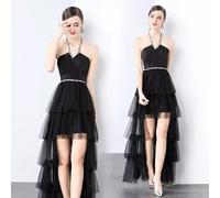 Abito Lungo Nero Donna Con Scollo A Cuore In Tulle Leggero E Vita Media CF40280