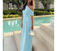 Abito lungo plissettato con colletto obliquo, colore unito, aderente e snellente, elegante e sexy, abito da festa estivo per donna L,M,S,XL,XSColore unicoTessuto in maglia