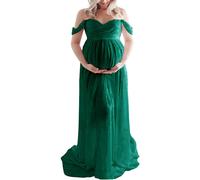 Abito lungo premaman con spalle scoperte, elegante abito da servizio fotografico in chiffon leggero e morbido al tatto, vita alta.