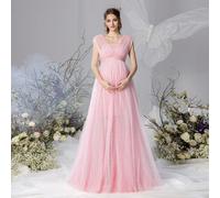 Abito lungo premaman senza maniche con spalle scoperte e gonna in tulle - Tessuto in chiffon per baby shower e servizi fotografici premaman primavera/estate Rosa elegante L,M,S,XL,XXLColore unicoTessu