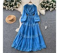 Abito Lungo Romantico Con Pizzo Traforato E Vita Alta Blu CF67814
