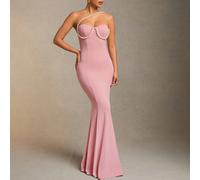 Abito lungo rosa in jersey elegante con decorazioni in perle false, abiti da donna eleganti, abito da ballo, abito da cerimonia, abito da sposa, abito da donna eleganti, abito di San Valentino, abito 