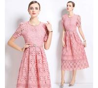 Abito Lungo Rosa In Pizzo Ricamato Elegante Cerimonia Con Cintura CF48427