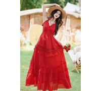 Abito Lungo Rosso Con Balze E Gonna Ampia Stile Boho Chic Elegante CF54850