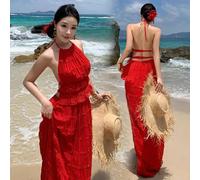 Abito Lungo Rosso Estivo Con Balze E Schiena Aperta Stile Vacanza Cf46144