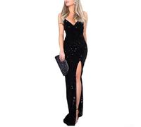 Abito lungo seducente da donna con profonda scollatura a V e paillettes scintillanti (M nero)