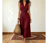 Abito lungo senza maniche color albicocca da donna, elegante abito a trapezio con scollo a V e vita stretta, adatto per il pendolarismo quotidiano, feste e come abito da ospite per matrimoni estivi L,