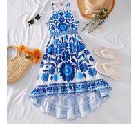 Abito lungo senza schienale da ragazza con schema di colori classico blu e bianco in stile porcellana, motivo floreale fresco su tutta la superficie, spalline incrociate sulla schiena e design con tag