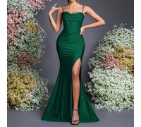 Abito lungo senza spalline in tessuto verde smeraldo ad alta elasticità, con design elegante per spalle e collo, gonna a sirena lunga, di lusso, con dettaglio di allacciatura sul retro per un tocco ro