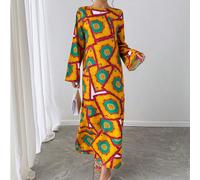 Abito lungo stile medio orientale da donna, collo rotondo, stampa floreale a contrasto di colore, vestibilità morbida, maniche lunghe con balze ai polsini, stile elegante e casual per il tempo libero 