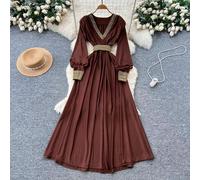 Abito Lungo Stile Romantico Con Cintura Decorativa Marrone Oro CF67831