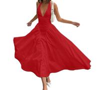 Abito Lungo svolazzante da Donna per Una Serata Romantica in Vacanza, con Scollo a V Profondo e Allacciatura al Collo, Colore Rosso, Taglia XX-Large