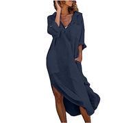 Abito Lungo Tinta Unita da Donna in Cotone Lino Bohémien con Tasche con Scollo a V a Maniche Lunghe Stile retrò Maxi Casual Vestito Taglia Larga Elegante Caftano Primavera Autunno Abito Casual Moda