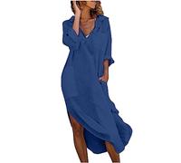 Abito Lungo Tinta Unita da Donna in Cotone Lino Bohémien con Tasche con Scollo a V a Maniche Lunghe Stile retrò Maxi Casual Vestito Taglia Larga Elegante Caftano Primavera Autunno Abito Casual Moda