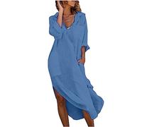 Abito Lungo Tinta Unita da Donna in Cotone Lino Bohémien con Tasche con Scollo a V a Maniche Lunghe Stile retrò Maxi Casual Vestito Taglia Larga Elegante Caftano Primavera Autunno Abito Casual Moda