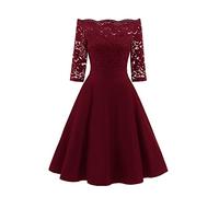Abito Lungo Trasparente Elegante Donna in Pizzo Mezza Manica Abiti Solidi Vestiti con Spalle Scoperte Abiti da Cerimonia Nuziale al Ginocchio (Rosso, L)