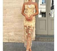 Abito lungo tubino elegante, romantico, delicato e dignitoso da donna, adatto per feste, appuntamenti, vacanze e uso quotidiano, con ricamo floreale 3D in rete trasparente, vita alta, colore champagne