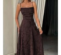Abito lungo Unadoll da donna autunnale marrone con jacquard floreale, spalline sottili, schiena con lacci, linea ad A, adatto per ritorno a scuola, ospite di matrimonio, appuntamento serale L,M,S,XL,X