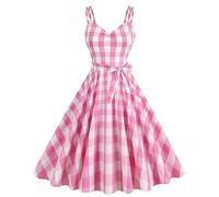 Abito lungo vintage a quadri a quadretti rosa con spalline in spaghetti, abito a trapezio retrò per festa di compleanno, davanti arricciato, abiti estivi da donna, Rosa, M