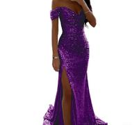 Abito lungo vintage da donna con spalle scoperte e paillettes per eventi formali (M viola)