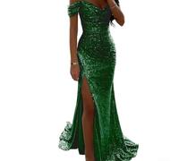 Abito lungo vintage da donna con spalle scoperte e paillettes per eventi formali (S verde)