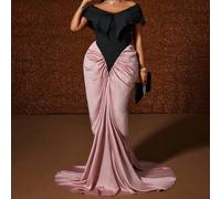 Abito lungo vintage elegante da donna taglie forti, con patchwork, spalle scoperte, volant in vita e silhouette a bozzolo, adatto per l'autunno 0XL,1XL,2XL,3XL,4XL,5XLColore unicoTessuto