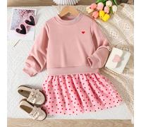 Abito maglia alla moda per ragazze con decorazione a cuore all'uncinetto, pullover a maniche lunghe con collo rotondo e orlo in rete, dolce e carino, adatto per l'autunno, nuovo arrivo 6Y,7Y,4Y,5YFrut