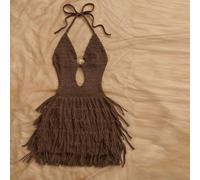 Abito maglione aderente da donna con scollo a V e laccio sulla schiena, stile bohémien sexy tropicale, boho, vacanza, autunno/inverno, senza imbottitura al seno, festa in spiaggia, marrone caffè L,M,S