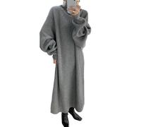 Abito Maglione da Donna Abito Spesso in Maglia A Maniche Lunghe Autunno Inverno Invernale Abito Maxi Vintage Oversize in Maglia con Collo Alto E Moda Casual,Grigio,Taglia Unica