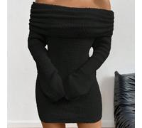 Abito maglione in maglia spesso con spalle scoperte da donna, abito mini aderente con maniche lunghe soffici, abito corto elegante e sexy casual nero autunnale L,M,S,XL,XS,XXSTessuto in maglia