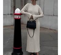 Abito maglione lungo in colore grigio albicocca tinta unita, con maniche lunghe e girocollo, lavorazione a costine, stile elegante, lunghezza media, tessuto elasticizzato, adatto per uso quotidiano, s