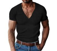 Abito maglione Plus Size Estate Casual Velluto a Coste a Maniche Corte Scollo a V Tinta unita T Shirt Uomo T Shirt Scollo a V T-shirt Uomo, Nero , XL
