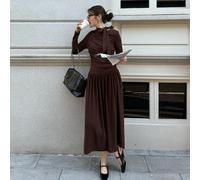 Abito marrone con fiocco e nastro da donna, per autunno e inverno, abito in maglia elasticizzato, abito lungo plissettato, abito adatto per l'uso quotidiano e per andare al lavoro L,M,S,XL,XSColore un