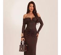Abito marrone con spalle scoperte, arricciato, aderente, maniche lunghe, elegante, abito da sera, Ognissanti, autunno, vacanze, ospite di matrimonio, formale L,M,S,XL,XS,XXL,XXS,XXXL,XXXXLColore unico