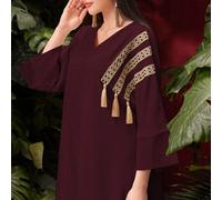 Abito maxi arabo con scollo a V, design a patchwork con frange e maniche a 3/4 morbide L,M,S,XL,XSColore unicoTessuto intrecciato