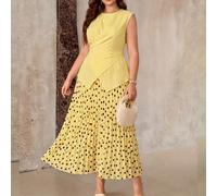 Abito Maxi da Donna Taglie Forti Primavera/Estate Stile Francese Romantico Siciliano Elegante Casual Pendolarismo Vacanza Tè Pomeridiano Festa di San Valentino Colore Unito & Pois Giallo Scollo Rotond