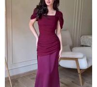 Abito Maxi Elegante e Nobile Rosso Scuro Lussuoso Stile Europeo & Americano con Vita Stretta, Arricciatura, Maniche Corte, Vestito Aderente da Moda per Matrimonio, Festa, Autunno L,M,S,XL,XXLColore un