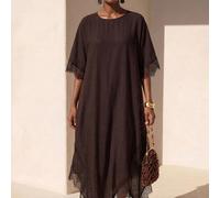 Abito Maxi in Lino Marrone Tinta Unita con Patchwork in Pizzo, Scollo Rotondo, Maniche Corte e Orlo Lungo Asimmetrico, Stile 2026 Primavera/Estate Nuovo, Festival Musicale, Pasqua, San Patrizio, San V