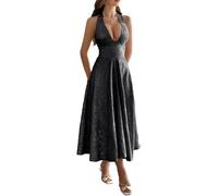 Abito Maxi Jacquard con Scollo Americano, Linea A, Schiena Nuda per Gala(Black,S)