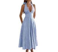 Abito Maxi Jacquard con Scollo Americano, Linea A, Schiena Nuda per Gala(Blue,S)