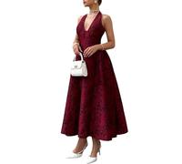 Abito Maxi Jacquard con Scollo Americano, Linea A, Schiena Nuda per Gala(Dark red,S)
