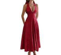 Abito Maxi Jacquard con Scollo Americano, Linea A, Schiena Nuda per Gala(Red,XS)