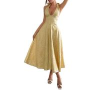 Abito Maxi Jacquard con Scollo Americano, Linea A, Schiena Nuda per Gala(Yellow,XL)
