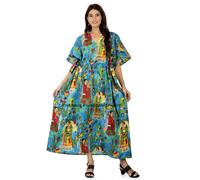 Abito Maxi Notturno Lungo In Cotone Indiano Turchese Taglia Forte