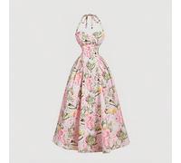 Abito medio da donna con stampa floreale romantica e scollo alla halter, adatto per San Valentino, primavera, brunch, tea festa, vacanze al mare, abito floreale da donna, abito vintage per donna L,M,S