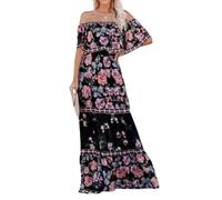 Abito messicano da donna con stampa floreale, spalle scoperte, lungo, maxi abito estivo per feste in spiaggia e vacanze con cintura, Nero , 3XL